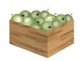 Green apples in wooden fruit box. Vector illustration, isolated on white Royalty Free Stock Photo