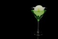 Green appletini cocktail with slice of apple in martini glass on black background Royalty Free Stock Photo