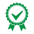 Green approved or certified medal icon in flat design