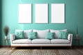 Green Aqua Wall White Wooden Frames Poster Mockup Generative AI