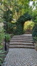 Green arch in park over paved path with steps Royalty Free Stock Photo