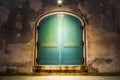 The green arched doors of a warehouse at night with a lone light Royalty Free Stock Photo