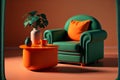 Green armchair with orange coffee table living room interior design