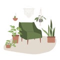 Green armchair with urban jungle. Living room with potted plants. Cozy home concept. Stay at home