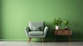 Green armchair and wooden shelf whith green plants in living room with green wall. Mock up