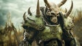 Green Armored Warhammer In A Field: Meticulous Photorealistic Still Lifes And Charming Characters