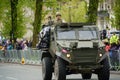 Armoured Army Vehicle Travelling Ahead of the Men`s Stage One Sprint Finish,Tour de Yorkshire.