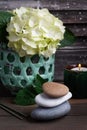 Green aroma candle in Spa still life