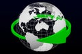 Green arrow around transparent model of Planet Earth. 3D rendering