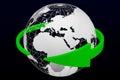 Green arrow around transparent model of Planet Earth. 3D rendering