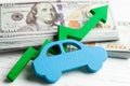 Green arrow graphic up on the background of the car and a stack of money cash dollars. The concept of the growth of the car market Royalty Free Stock Photo