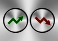 Green arrow up and red down arrow silver button. Stock exchange concept show about profit and loss trading of trader. vector