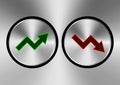 Green arrow up and red down arrow silver button. Stock exchange concept show about profit and loss trading of trader. vector Royalty Free Stock Photo