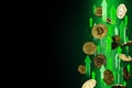 Green arrows pointing up as Bitcoin BTC price rises. Isolated on black background, copy space. Cryptocurrency prices grow