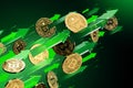 Green arrows points up as Bitcoin BTC price rises. Cryptocurrency prices grow, high risk - high profits concept. 3D rendering