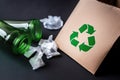 Green arrows recycling sig, jars and paper, created using generative ai technology