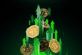 Green arrows shots up with high velocity as Bitcoin BTC price rises. Cryptocurrency prices grow, high risk - high profits