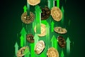 Green arrows shots up with high velocity as Bitcoin BTC price rises. Cryptocurrency prices grow, high risk - high profits