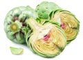 Green artichokes and artichoke hearts isolated on white background Royalty Free Stock Photo