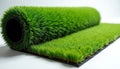 Green artificial grass roll laid out flat on a clean white background. This synthetic turf material is ready for installation or Royalty Free Stock Photo