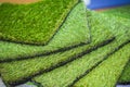 Green artificial turf rolled. Probes of artificial turf, floor coverings for playgrounds. Royalty Free Stock Photo