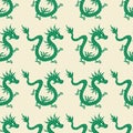 Green Asian dragons hand drawn vector illustration. Medieval mythology animal seamless pattern.