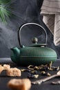 Green asian iron teapot
