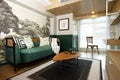 Green Asian sofa with throw pillows and cloth draped over, with wall art of trees at the back