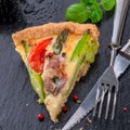 Green asparagi Tart with eggs and tomato Royalty Free Stock Photo