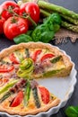 Green asparagi Tart with eggs and tomato Royalty Free Stock Photo