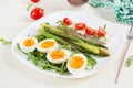 Green asparagus with boiled eggs and sandwich cream cheese Royalty Free Stock Photo