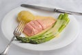 Green asparagus and poached salmon with sauce maltaise (hollandaise variation)