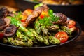 Green asparagus salad with roasted mushrooms Royalty Free Stock Photo