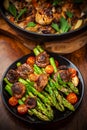 Green asparagus salad with roasted mushrooms Royalty Free Stock Photo