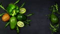 Green assortment vegetables and fruits, avocados, kiwi, pepper and cucumber, rucola salad on a shale board, the concept of healthy Royalty Free Stock Photo