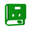 Green Audio book icon isolated on transparent background. Musical note with book. Audio guide sign. Online learning