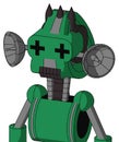 Green Automaton With Droid Head And Dark Tooth Mouth And Plus Sign Eyes And Three Dark Spikes