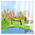 Green autumn landscape. Freehand drawn cartoon outdoors style. Farm houses, countryside scene. Lake view among hills