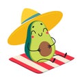 Green Avocado as Summer Fruit Character in Hat Sunbathing on Beach Enjoying Vacation and Having Fun Vector Illustration Royalty Free Stock Photo