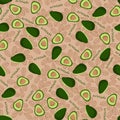 Green Avocado Halves With Leaves On Background Vector Pattern