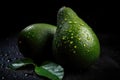 Green Avocado Metallic Drops On Black Background. Generative AI