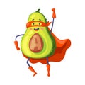 Green Avocado Superhero Character with Raised Arm Wearing Red Cloak or Cape and Mask as Justice Fighter Vector