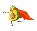 Green Avocado Superhero Character Rushing to Rescue Wearing Red Cloak or Cape and Mask as Justice Fighter Vector