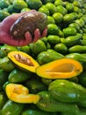 Green avocados, close-up, one halved.