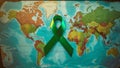 Green awareness ribbon on world map Royalty Free Stock Photo