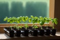 Green baby basil plant grow up in kitchen Royalty Free Stock Photo