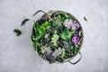 Green baby kale leaves in white colander on gray stone background. Ingredient for healthy smoothie, salads or pesto sauce