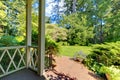 Green back yard garden with brick tile walkway.