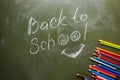 Green backboard label Back to school and a set of colored pencil Royalty Free Stock Photo