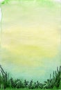 Green backdrop. Abstract watercolor hand drawn background. Plants and grass are drawn with a black gel pen. Royalty Free Stock Photo